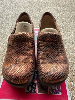 Alegria Metallic Brown Snake-Print Slip-Ons